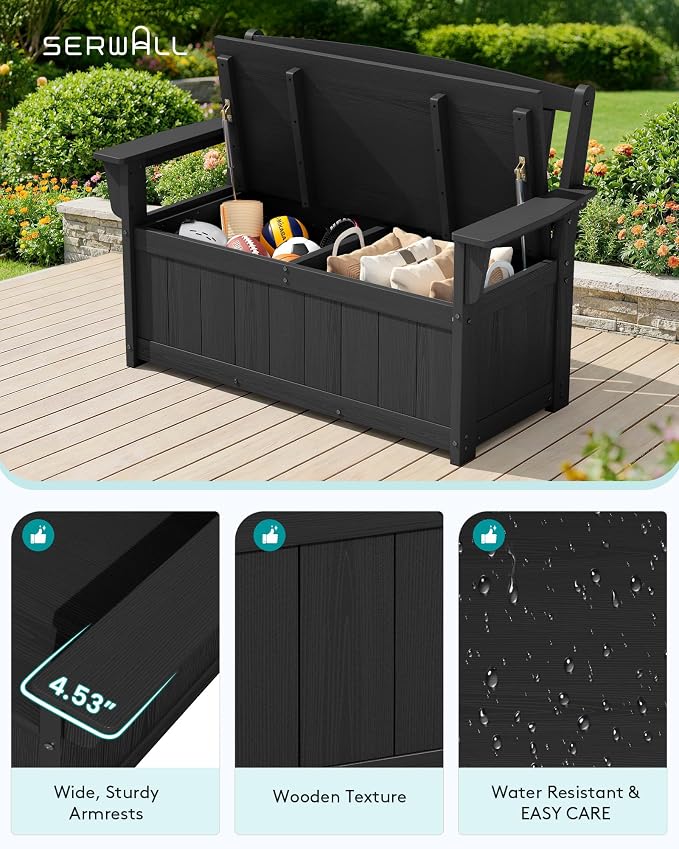 SERWALL HDPE Outdoor Storage Bench, All-Weather, UV-Resistant Deck Box with Waterproof Storage Bags, 57 Gallon Dual-Use Seat & Organizer Deck Boxes for Patio, Garden Tools & Pool (Dark Black)