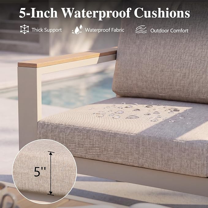 Outdoor Patio Furniture Set, 3-Piece Aluminum Conversation Set with 2 Chairs and Coffee Table, 5-Inch Water-Resistant Cushions, Powder-Coated Frame for Porch, Deck, Backyard, Beige
