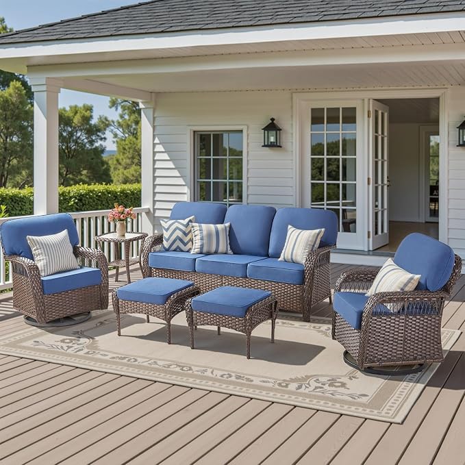 6 Pieces Outdoor Patio Furniture Set, All Weather Wicker Swivel Rocker Patio Chairs Rattan 3 Seater Sofa with Ottomans, High Back Conversation Set for Deck Porch Sunroom, Blue