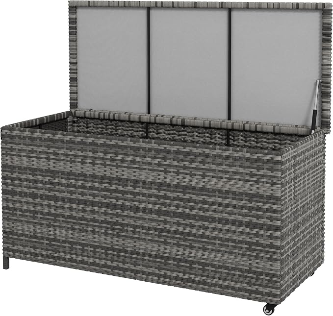 83 Gallon Deck Box, Large Outdoor Storage Chest, PE Wicker Trunk for Outside on Wheels for Tools, Pool Supplies Patio Furniture Cushions, Gray