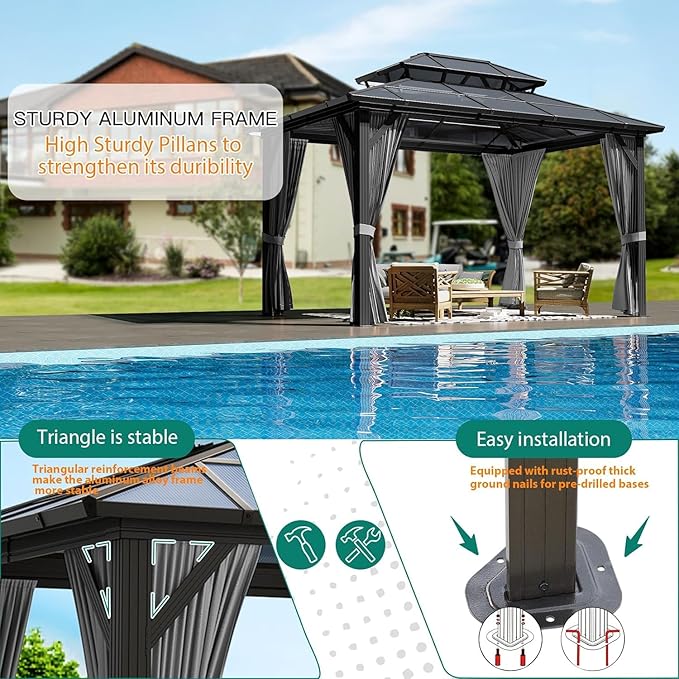 GAOMON 10'x12' Hardtop Gazebo with Polycarbonate Double Roof, Durable Aluminum Frame, Weatherproof & UV Protection for Garden, Patio, Lawn