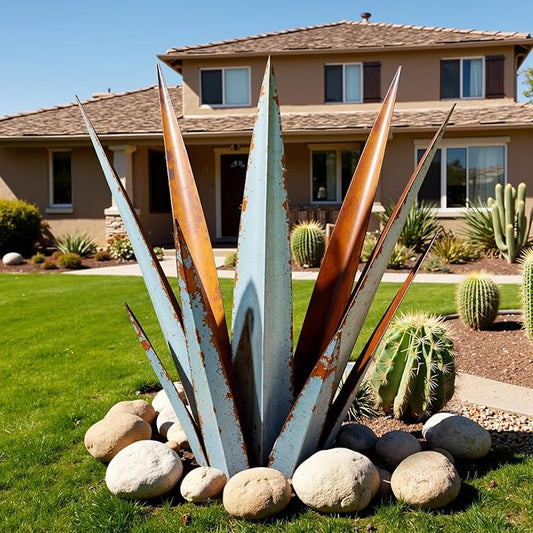 KODIBO 24” Metal Agave Plant Outdoor Decor, Large Yard Statue, Vintage Blue | Desert Steel Yard Art, Tequila Rustic Sculpture, Outdoor-Resistant Metal, Mexican Style Yard Decor, Gifts for Garden Lovers