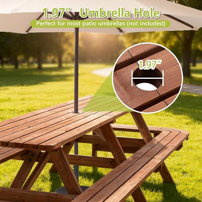 121'' Large Outdoor Dining Table, Rectangular Wooden Patio Dining Table & 2 Built-in Bench for 16, 2" Umbrella Hole, Suitable for Backyard Garden Porch, Brown