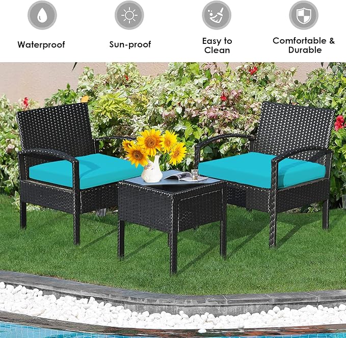 Hysache 3 Piece Patio Furniture Set, PE Rattan Conversation Set w/Washable & Removable Cushion, Coffee Table w/Storage Space, Wicker Sofa Set for Garden Poolside Balcony (Turquoise)