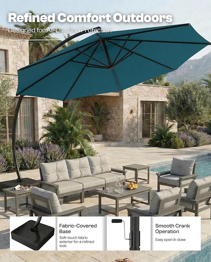 11 FT Cantilever Umbrella with Base Included, Large Round 360° Rotation Offset Umbrella Outdoor Patio, Heavy Duty Aluminum Frame, Sand-Weighted Stand, for Deck, Backyard, Pool, Garden (Lake Blue)