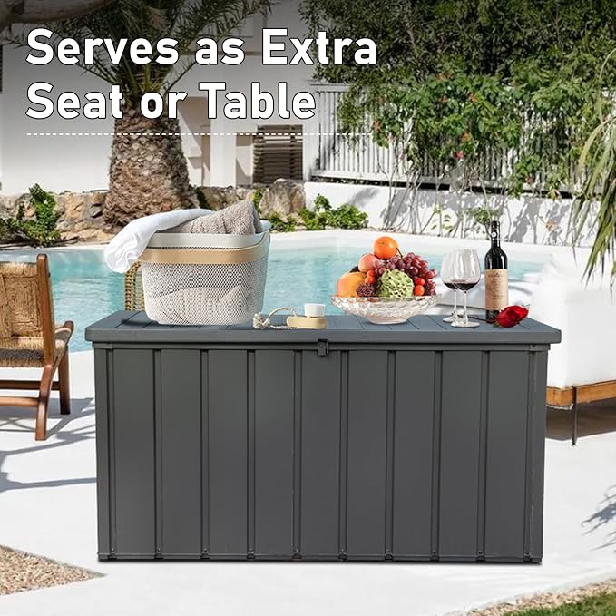 Domi Deck Box Outdoor Storage Box 100 Gallon, Large Metal Storage Cabinet with Resin Lid, Waterproof Lockable Patio Storage Box for Cushions Garden Tools Pool-Supplies, Dark Grey