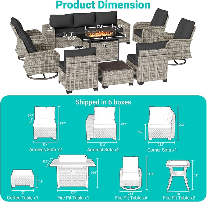 13-Piece Outdoor Patio Furniture Set with Rocking Swivel Chair, PE Wicker Rattan Sectional Sofa Patio Conversation Set with 55,000 BTU Fire Pit Table & Coffee Table, Dark Grey