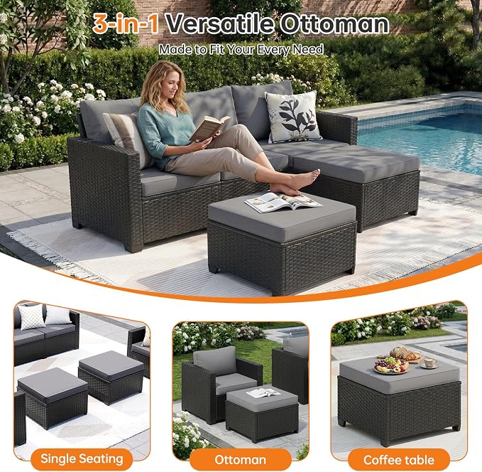 LazySunsets 5-Piece Outdoor Patio Furniture Set, Rattan Outdoor Sectional with Thick Waterproof Cushions, Wicker Ottomans & Waterproof Cover, Patio Conversation Set for Garden, Backyard, Grey