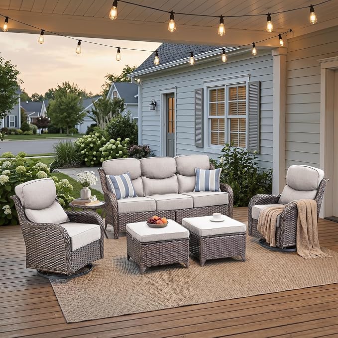 Luxury High Back Patio Furniture Set with 6-Inch Thick Cushions, 6-Pieces Outdoor Furniture with Swivel Chairs &Side Table, Wicker Conversation Set for Porch, Balcony, Deck and Yard, Brown/Beige