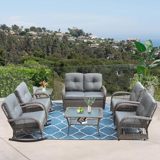 VIVIJASON 7-Piece Outdoor Patio Wicker Conversation Sets, All Weather Outdoor Rattan Furniture Set Includes Glider Loveseat, 2 Rocking Chairs, 2 Glider Rocker Chairs, 2 Coffee Table, Grey