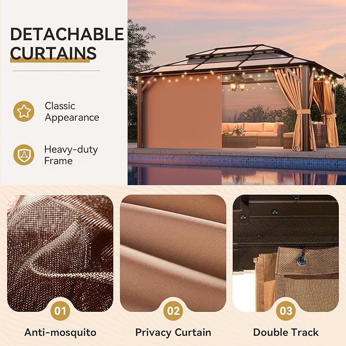 Aoxun 12'x16' Hardtop Gazebo, Outdoor Metal Gazebo with Double Polycarbonate Roof Canopy, Permanent Pavilion with Netting and Curtains for Lawn, Garden, Patio (Brown)