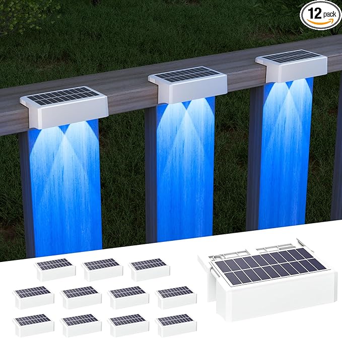 VOLISUN Solar Deck Lights 12 Pack, Warm White, Cool White and RGB Color Glow LED Large Size Lamp, IP65 Waterproof Solar Fence Lights Outdoor for Step, Patio, Fence, Railing, Wall, Stairs