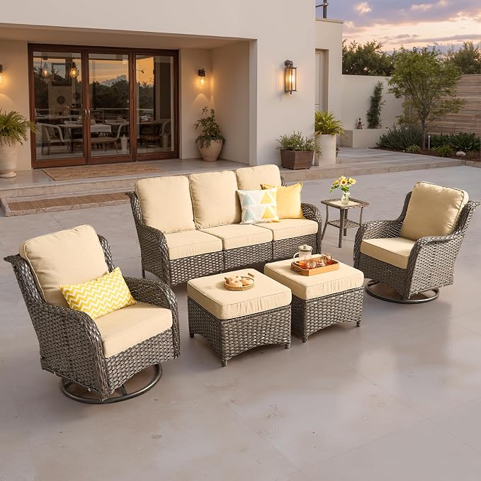 ovios 6-Piece Patio Furniture Set with Swivel Chairs Side Table, Outdoor Wicker Sofa with Comfy Cushions, High Back Couch Modern Conversation Sets, Brown/Beige