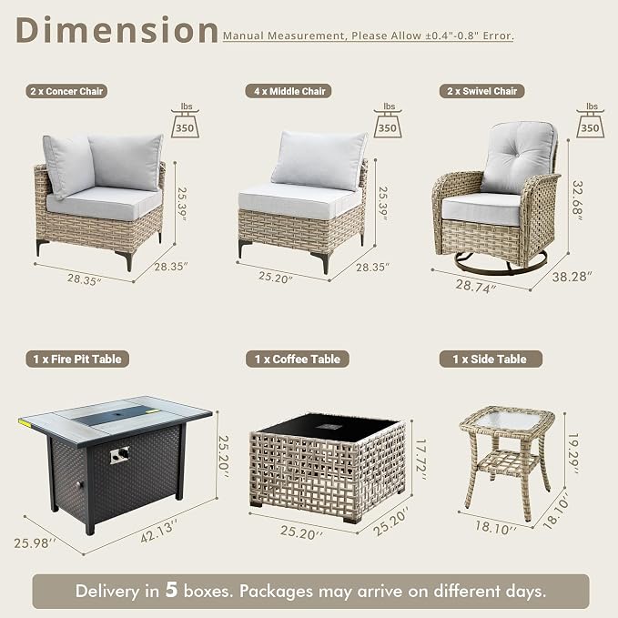 11 Pieces Patio Sectional Furniture Set, Outdoor Wicker Sectional Couch with Firepit Swivel Rocker Chairs Solar Lights Table, Modern Conversation Set for Porch Balcony Backyard, Gray