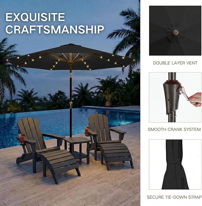 Kingdura 10FT Outdoor Patio Umbrella with Solar Lights, Market Table Umbrella with Push Button Tilt & Crank, 8 Sturdy Ribs, 32 LED Lights, UV Protection for Garden Lawn Deck Backyard Pool (Black)