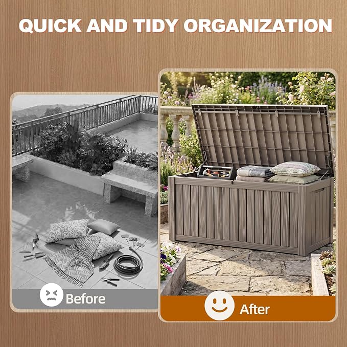EFU Outdoor Storage Box 180 Gallon Deck Box (Indoor & Outdoor) Lockable UV Resistance Waterproof Resin Storage Bin Storage Box for Outdoor,Patio Storage With Support Rod(Taupe)