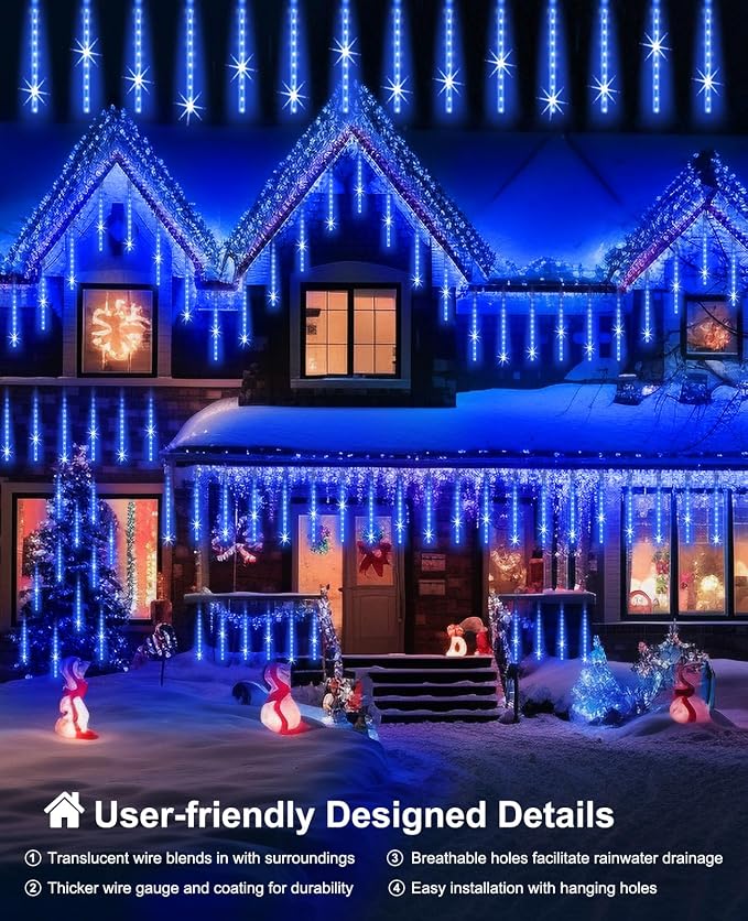 Blue Christmas Rain Lights Outdoor, 20" 20 Tubes 1080 LEDs | UL Listed Meteor Shower Lights Waterproof Cascading Falling Icicle String Lights for Xmas Tree Yard Halloween Wedding Party