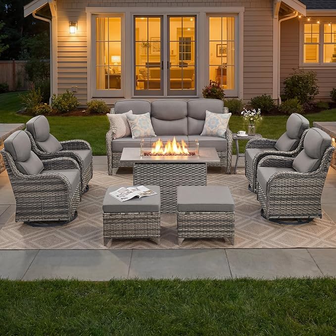 Luxury Patio Furniture Set with 6-inch Thick Cushion, Outdoor Furniture with Fire Pit Table, Swivel Chairs, Sofa, Side Table, Ottomans, 9pcs Wicker Conversation Set(Grey Wicker/Grey Cushion)