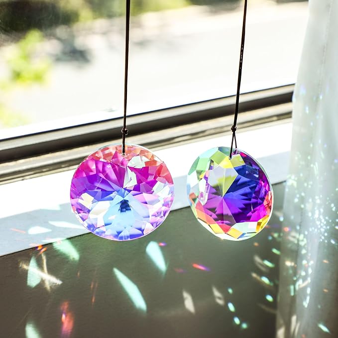 YU FENG 3 Inch Round Crystal Prism Suncatcher, AB Color Rainbow Maker | Faceted Crystal Pendant, Window Hanging Ornament, Chandelier Decor, Christmas Tree Decoration