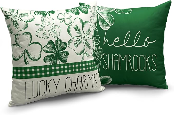 Set of 2 Saint Patrick's Day Pillow Covers Hello Shamrocks Lucky Charm Pillow Case 22x22 Green Clovers Hat Cushion Covers for Office Couch Bed Living Room Outdoor