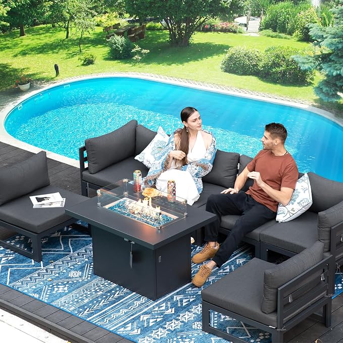 RADIATA 7 Piece L-Shaped Contemporary Aluminum Outdoor Furniture Set with Firepit, 29" Deep Wide Large Couch Set, 500 lbs High Weight Capacity Modular Patio Sectional Sofa for Garden Lawn, Dark Grey