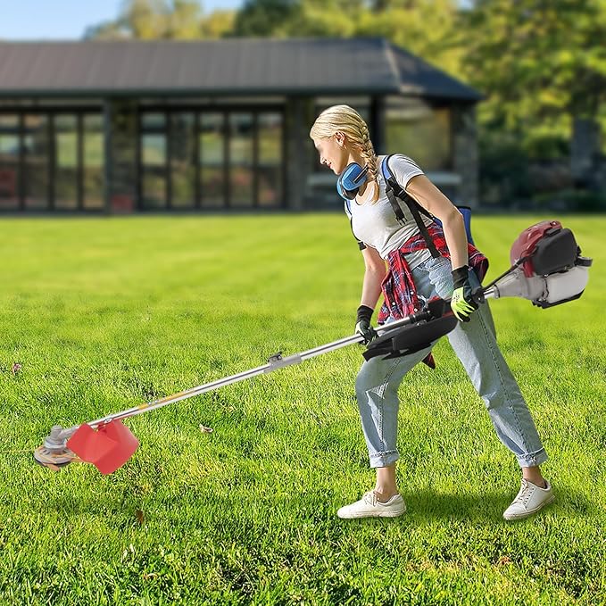 35.88CC Brush Cutter and Grass Trimmer, 4-Stroke Gas Trimmer Edger Mower 8500r/min Powerful 2 Blade Heads Brush Cutter with Grass Baffle & Funnel for Lawn Care
