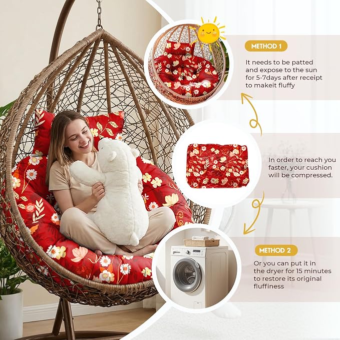 Outdoor 45" Round Egg Chair Cushion Replacement Waterproof Red Peony | Thicken Pad with Headrest Pillow, Hanging Swing Wicker Egg Chair Cushions, Suitable for Garden Office