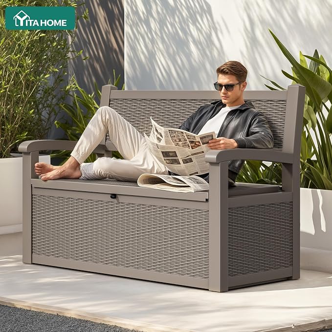YITAHOME 80 Gallon Storage Bench Deck Box, Lockable Patio Bench, Waterproof Outdoor Pool Deck Storage for Patio Cushions, Garden Tools and Pool Supplies, Light Brown