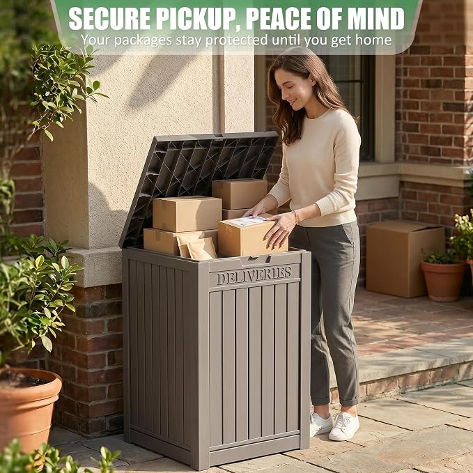 EasyUp Package Delivery Boxes for Outside, 55 Gallon Outdoor Storage Deck Box Parcel MailBox Drop Secure Resin Lockable UV Resistant Waterproof Mail Porch Patio Grey