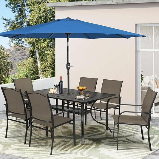 Crownland 7 Piece Patio Dining Set, Outdoor Textilene Dining Sets, 6 Textilene Metal Chairs and Rectangular Outdoor Dining Table with Dark Blue 9FT Round Outdoor Umbrella (Brown)