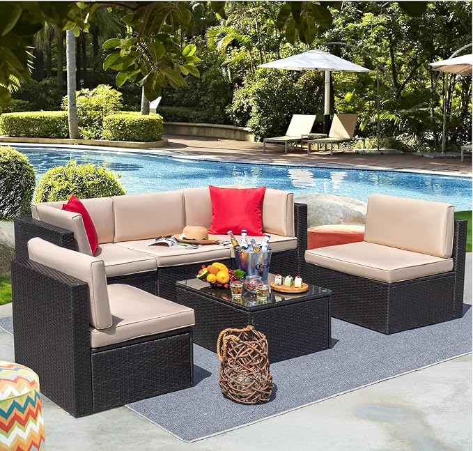 6-Piece Outdoor Patio Furniture Set with Manual Weaving Rattan Sectional Sofa, Glass Coffee Table, Cushions Included, Wicker Patio Conversation Set for Garden, Backyard, Porch Lounge Areas(Blue)