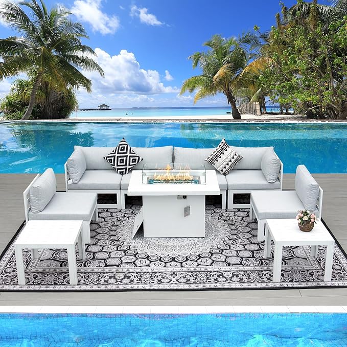 RADIATA 9 Pieces Aluminum Patio Furniture Set with Fire Pit Table, Morden Outdoor Sectional Sofa, Large Conversation Seat with Thick Cushion for Garden Backyard Deck Porch (White)