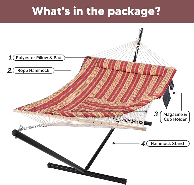 SUNCREAT Hammock with Stand 2 Person Heavy Duty for Outdoor and Indoor, Extra Large Hammock Storage Bag, Black