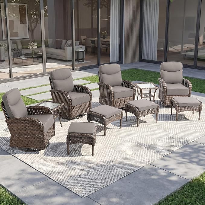 Outdoor Swivel Rocking Chair Patio Set (10pcs) High-Back - Thick Cushion Swivel Rocking Chair Patio Chairs Set, All-Weather Wicker Patio Furniture Set, Suitable for Balcony Patios, Brown/Gery