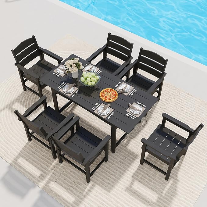 7 Piece Patio Dining Set,Patio Furniture Set for 6,Outdoor Table and Chairs with Umbrella Hole,All-Weather 67” Rectangular Dining Table with Non-Slip Mat for Garden,Poolside,Backyard,Black