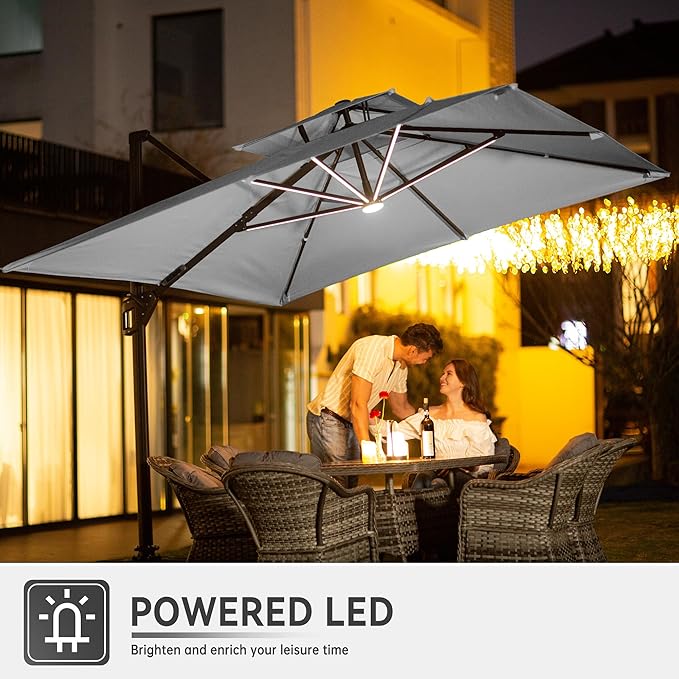 9 X 12 FT Cantilever Outdoor Patio Umbrella with Base Included Large Heavy Duty 360° Rotation Double Top Offset Rectangular Umbrellas with LED Lights for Backyard Outside Deck, Fog Grey