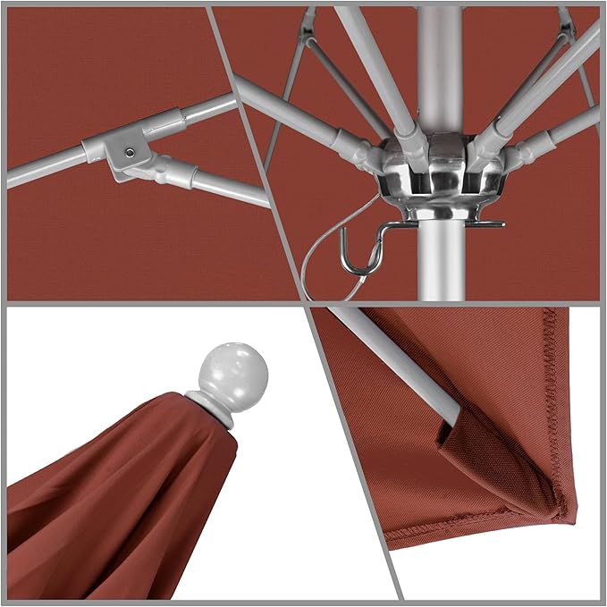 California Umbrella 9' Round Aluminum/Fiberglass Umbrella, Push Open, Silver Pole, Sunbrella Terracotta