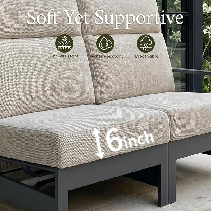 LayinSun 5-Piece Patio Furniture Set, Outdoor Aluminum Conversation Set with 6" Thick Cushions, Modern Sectional Sets for Balcony Backyard Pool