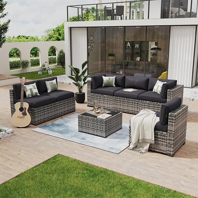 Aoxun 7 Piece Patio Furniture Set Wicker Rattan Patio Conversation Set Outdoor Sectional Sofa Set with Coffee Table and Thickened Cushions, Grey/Black