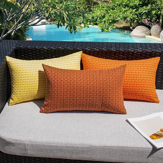 Kevin Textile Outdoor Waterproof 12"x24" Pillow Covers 2 Pack, Burnt Orange | Water Resistant Weaving Faux Linen Texture Throw Pillow Covers, Outside Decorative Pillowcases for Garden Patio Balcony Couch