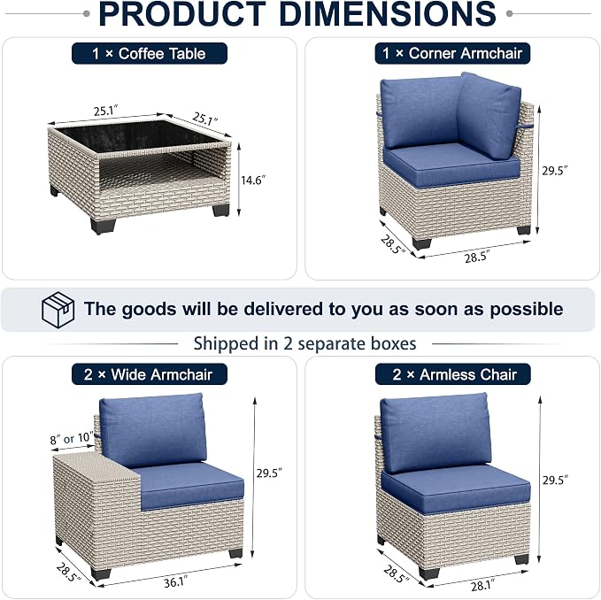6-Piece Outdoor Patio Furniture Set, Modular Sectional Sofa Set with Glass Coffee Table and Cushions, Wicker Outdoor Couch Conversation Sets, Blue