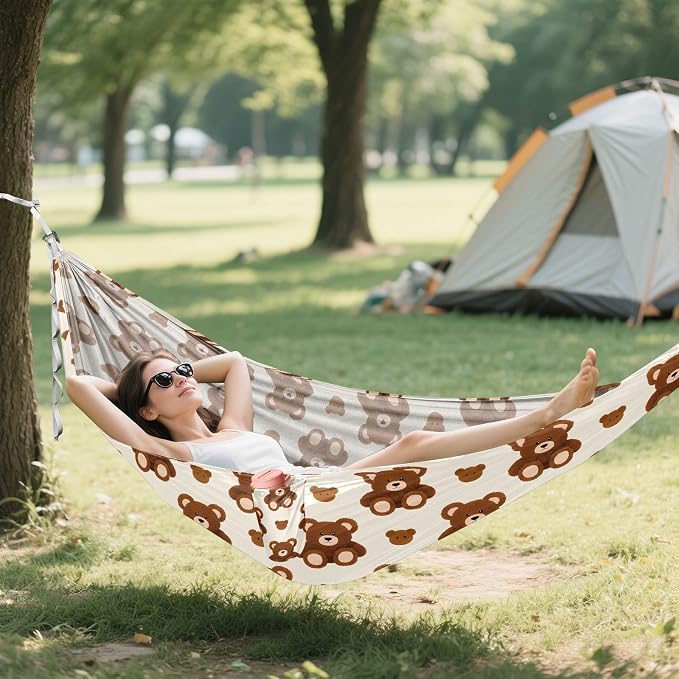 Camping Hammock Outdoor Hammocks for Outside Bear Brown Cute Beach Trees Portable Lightweight with Pockets Tree Straps Indoor