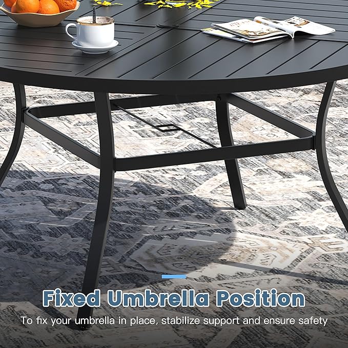 DIFY Patio Table and Chairs Set for 8, 9 Piece Outdoor Dining Set Includes 63" Black Round Metal Dining Table with Umbrella Hole and 8 Brown Textilene Swivel Patio Chairs, for Garden Backyard Deck