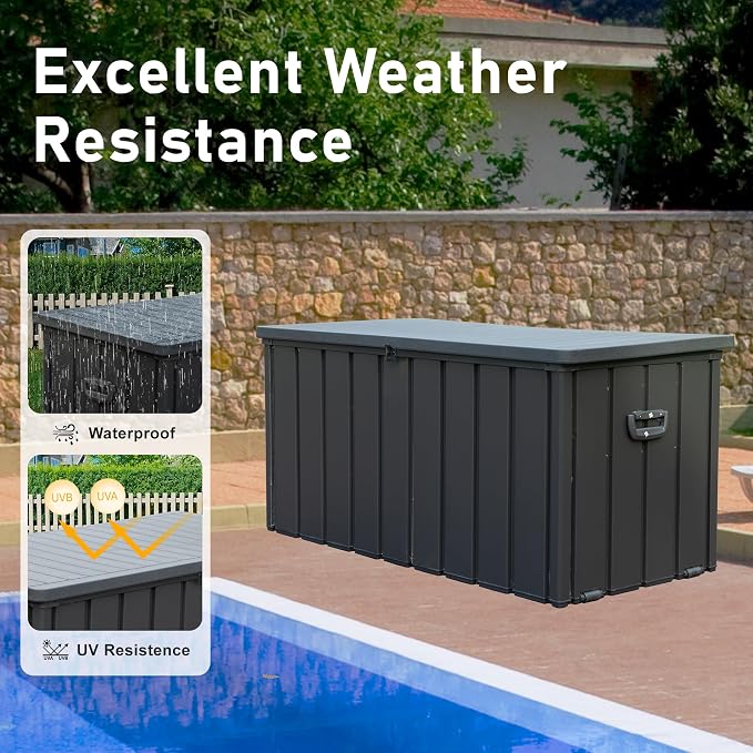 Domi Deck Box Outdoor Storage Box 100 Gallon, Large Metal Storage Cabinet with Resin Lid, Waterproof Lockable Patio Storage Box for Cushions Garden Tools Pool-Supplies, Dark Grey