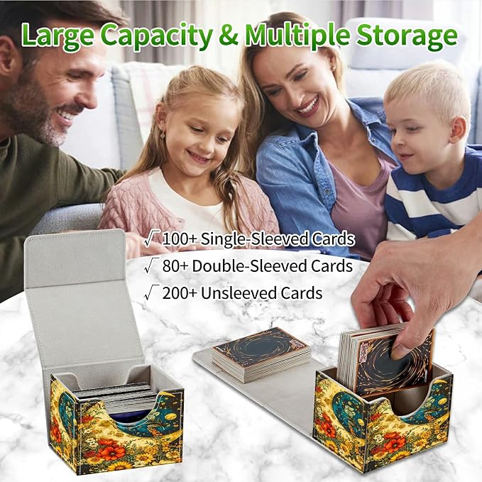 Card Deck Box for MTG, Cards Storage Box Fits 120+ Sleeved, Leather Small Size Strong Magnetic Closing Card Case for Board Games Magic TCG CCG Baseball Collection, Flower Big Moon
