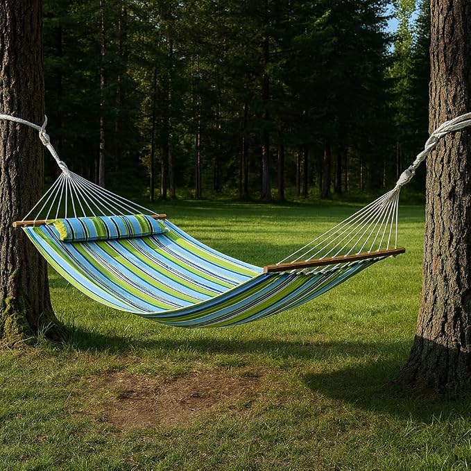 HomeRoots 643963 Striped Double Hammock Aqua & Lime Green