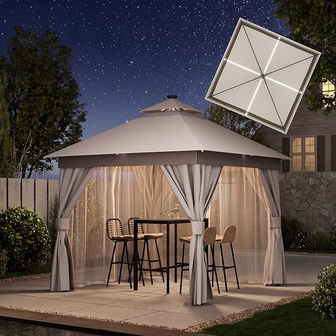 LAUSAINT HOME Patio Gazebo 10'x10' with Solar LED Roof Lights, Outdoor Heavy Duty Party Tent Shelter with Double Roofs, Mosquito Netting & Privacy Curtains for Backyard, Garden, Lawn, Khaki