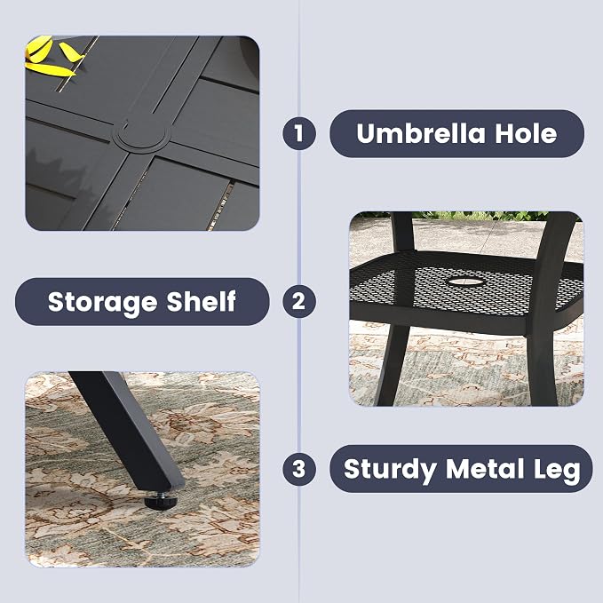 VICLLAX Patio Dining Set, 40.7" Black Table & 4 Chairs with Grey Cushion | Outdoor Table and Chairs Set of Round Metal Patio Table, Outdoor Dining Chairs with Metal Frame, Garden Deck Porch