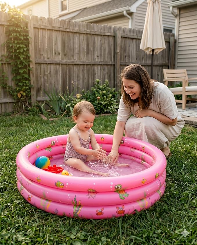 Baby Pool for Toddlers 1-3 with Bubble Bottom, Inflatable Kiddie Pool for Kids with Easy Drain Plug, Small Blow Up Pool for Backyard Summer Water Play, Durable Kids Swimming Pool (Pink)