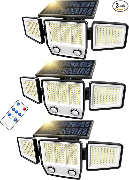 MDCMDCM Solar Motion Sensor Outdoor Lights Waterproof - 3000LM 3 Modes Security Lights Outdoor 270° Illumination IP65 LED Solar Flood Wall Light for Garden Yard Patio Pathway (with ‎Remote Control,3)